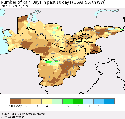 Central Asia Number of Rain Days in past 10 days (USAF 557th WW) Thematic Map For 3/21/2024 - 3/25/2024