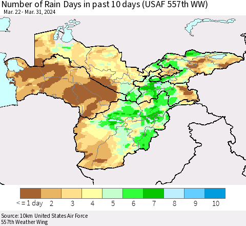 Central Asia Number of Rain Days in past 10 days (USAF 557th WW) Thematic Map For 3/26/2024 - 3/31/2024