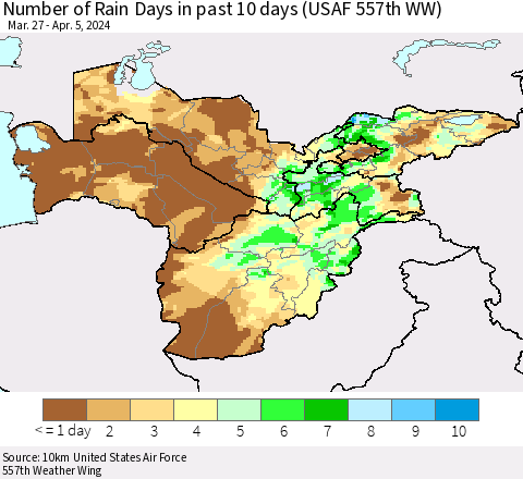 Central Asia Number of Rain Days in past 10 days (USAF 557th WW) Thematic Map For 4/1/2024 - 4/5/2024