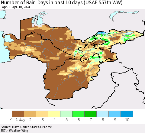 Central Asia Number of Rain Days in past 10 days (USAF 557th WW) Thematic Map For 4/6/2024 - 4/10/2024