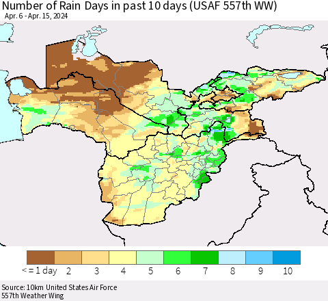 Central Asia Number of Rain Days in past 10 days (USAF 557th WW) Thematic Map For 4/11/2024 - 4/15/2024