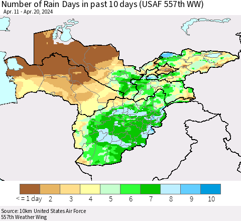 Central Asia Number of Rain Days in past 10 days (USAF 557th WW) Thematic Map For 4/16/2024 - 4/20/2024