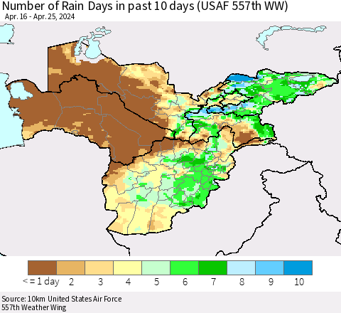 Central Asia Number of Rain Days in past 10 days (USAF 557th WW) Thematic Map For 4/21/2024 - 4/25/2024