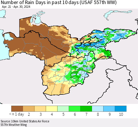 Central Asia Number of Rain Days in past 10 days (USAF 557th WW) Thematic Map For 4/26/2024 - 4/30/2024