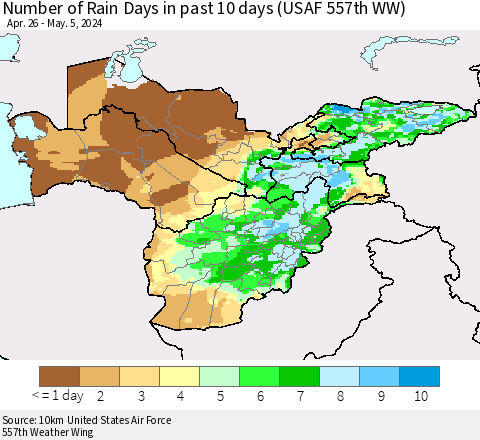 Central Asia Number of Rain Days in past 10 days (USAF 557th WW) Thematic Map For 5/1/2024 - 5/5/2024