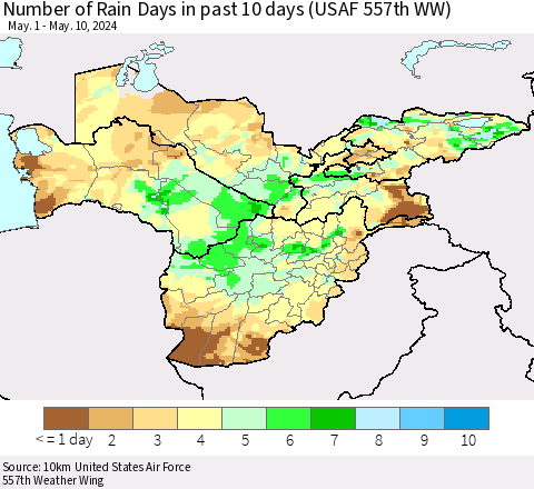 Central Asia Number of Rain Days in past 10 days (USAF 557th WW) Thematic Map For 5/6/2024 - 5/10/2024