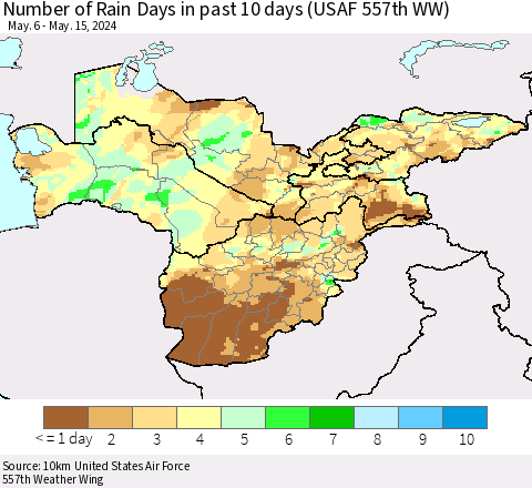 Central Asia Number of Rain Days in past 10 days (USAF 557th WW) Thematic Map For 5/11/2024 - 5/15/2024