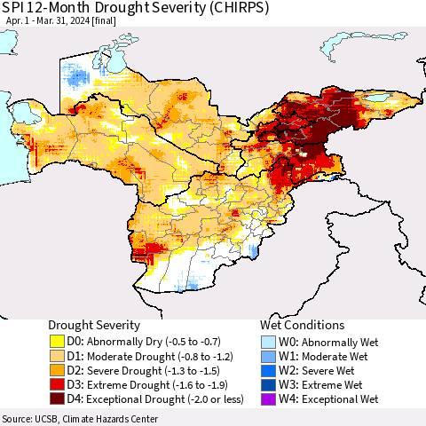 Central Asia SPI 12-Month Drought Severity (CHIRPS) Thematic Map For 4/1/2023 - 3/31/2024