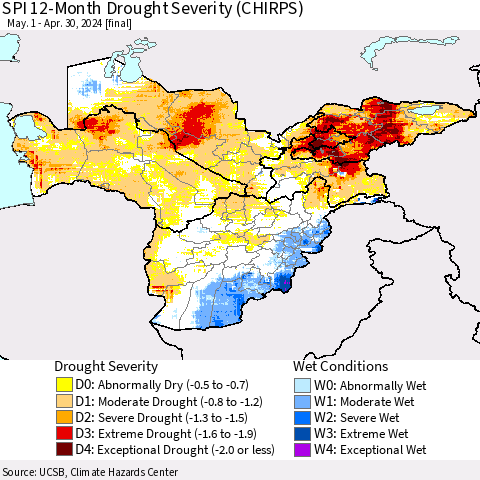 Central Asia SPI 12-Month Drought Severity (CHIRPS) Thematic Map For 5/1/2023 - 4/30/2024
