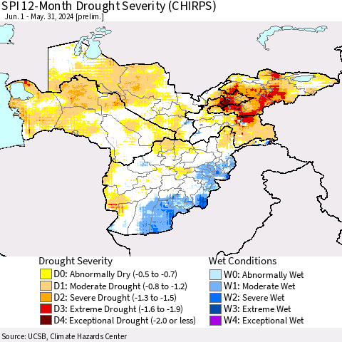 Central Asia SPI 12-Month Drought Severity (CHIRPS) Thematic Map For 6/1/2023 - 5/31/2024