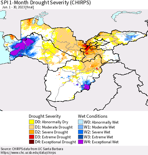 Central Asia SPI 1-Month Drought Severity (CHIRPS) Thematic Map For 6/1/2023 - 6/30/2023