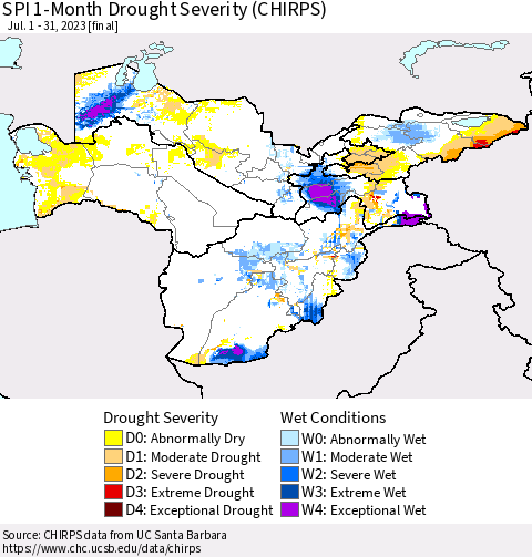 Central Asia SPI 1-Month Drought Severity (CHIRPS) Thematic Map For 7/1/2023 - 7/31/2023