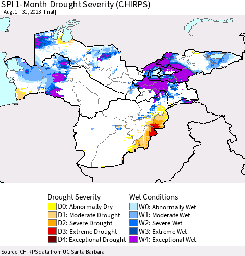 Central Asia SPI 1-Month Drought Severity (CHIRPS) Thematic Map For 8/1/2023 - 8/31/2023