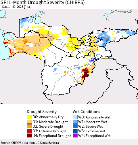 Central Asia SPI 1-Month Drought Severity (CHIRPS) Thematic Map For 9/1/2023 - 9/30/2023