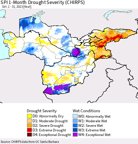 Central Asia SPI 1-Month Drought Severity (CHIRPS) Thematic Map For 10/1/2023 - 10/31/2023