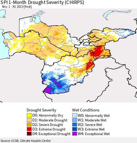 Central Asia SPI 1-Month Drought Severity (CHIRPS) Thematic Map For 11/1/2023 - 11/30/2023