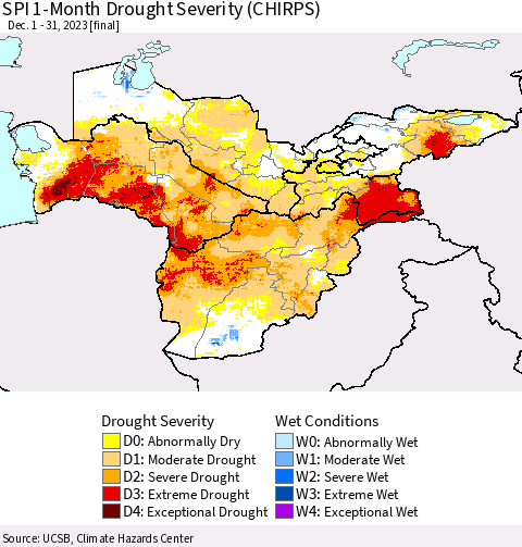 Central Asia SPI 1-Month Drought Severity (CHIRPS) Thematic Map For 12/1/2023 - 12/31/2023