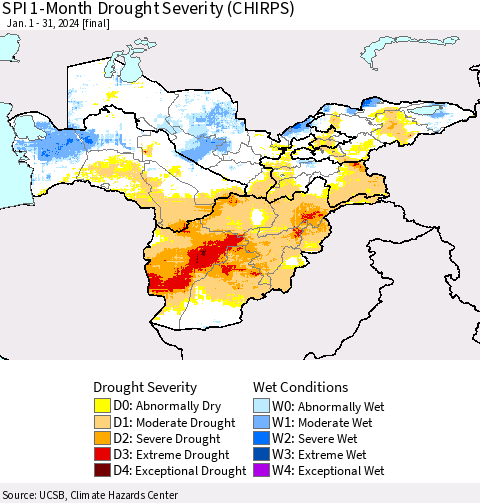 Central Asia SPI 1-Month Drought Severity (CHIRPS) Thematic Map For 1/1/2024 - 1/31/2024