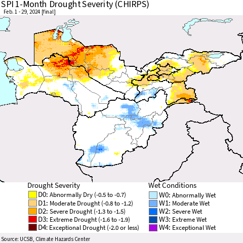 Central Asia SPI 1-Month Drought Severity (CHIRPS) Thematic Map For 2/1/2024 - 2/29/2024