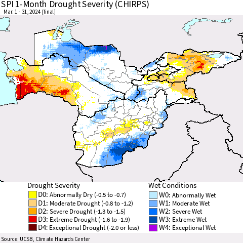 Central Asia SPI 1-Month Drought Severity (CHIRPS) Thematic Map For 3/1/2024 - 3/31/2024