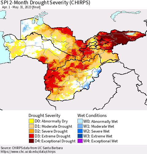 Central Asia SPI 2-Month Drought Severity (CHIRPS) Thematic Map For 4/1/2023 - 5/31/2023