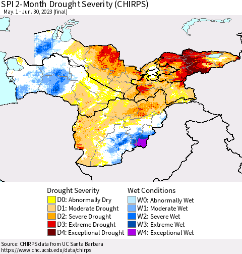 Central Asia SPI 2-Month Drought Severity (CHIRPS) Thematic Map For 5/1/2023 - 6/30/2023