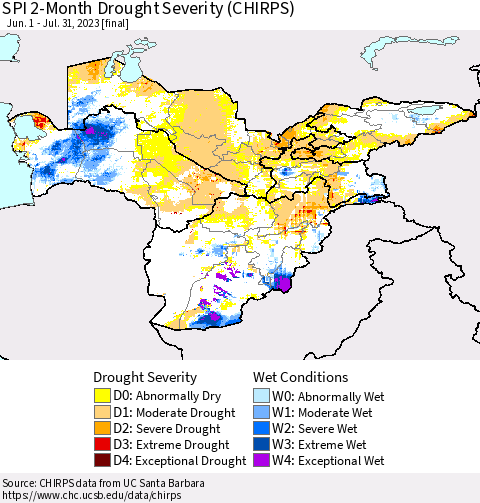Central Asia SPI 2-Month Drought Severity (CHIRPS) Thematic Map For 6/1/2023 - 7/31/2023