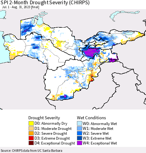 Central Asia SPI 2-Month Drought Severity (CHIRPS) Thematic Map For 7/1/2023 - 8/31/2023