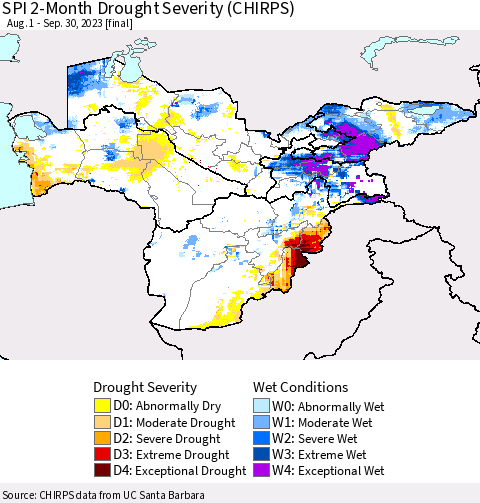 Central Asia SPI 2-Month Drought Severity (CHIRPS) Thematic Map For 8/1/2023 - 9/30/2023