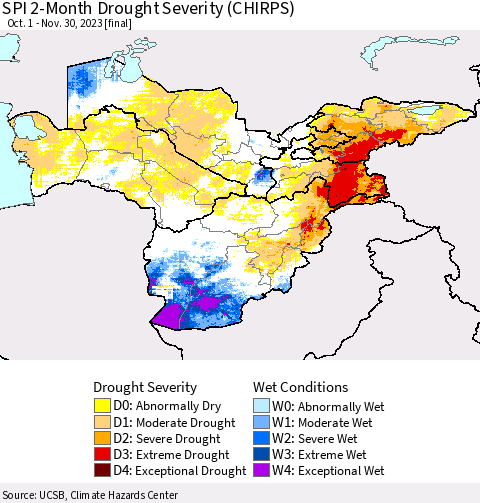 Central Asia SPI 2-Month Drought Severity (CHIRPS) Thematic Map For 10/1/2023 - 11/30/2023