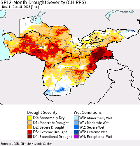 Central Asia SPI 2-Month Drought Severity (CHIRPS) Thematic Map For 11/1/2023 - 12/31/2023