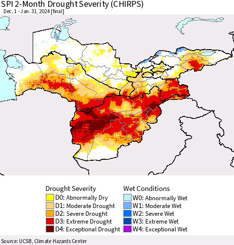Central Asia SPI 2-Month Drought Severity (CHIRPS) Thematic Map For 12/1/2023 - 1/31/2024