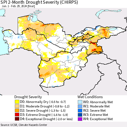 Central Asia SPI 2-Month Drought Severity (CHIRPS) Thematic Map For 1/1/2024 - 2/29/2024