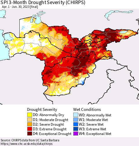 Central Asia SPI 3-Month Drought Severity (CHIRPS) Thematic Map For 4/1/2023 - 6/30/2023