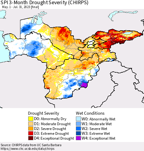 Central Asia SPI 3-Month Drought Severity (CHIRPS) Thematic Map For 5/1/2023 - 7/31/2023