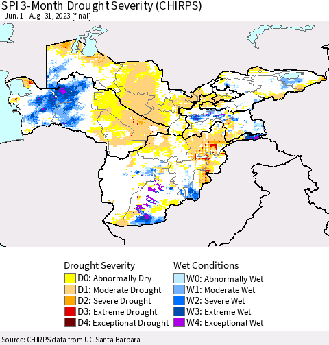 Central Asia SPI 3-Month Drought Severity (CHIRPS) Thematic Map For 6/1/2023 - 8/31/2023