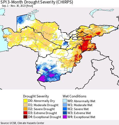 Central Asia SPI 3-Month Drought Severity (CHIRPS) Thematic Map For 9/1/2023 - 11/30/2023
