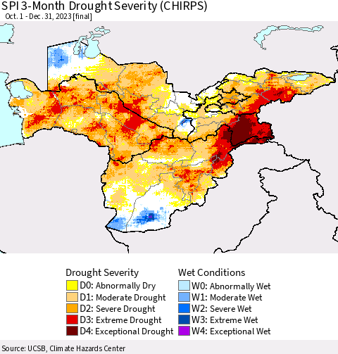 Central Asia SPI 3-Month Drought Severity (CHIRPS) Thematic Map For 10/1/2023 - 12/31/2023