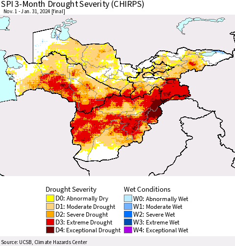 Central Asia SPI 3-Month Drought Severity (CHIRPS) Thematic Map For 11/1/2023 - 1/31/2024