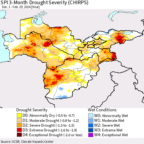 Central Asia SPI 3-Month Drought Severity (CHIRPS) Thematic Map For 12/1/2023 - 2/29/2024