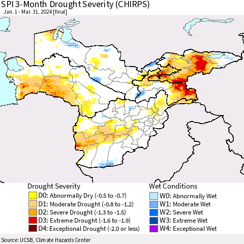 Central Asia SPI 3-Month Drought Severity (CHIRPS) Thematic Map For 1/1/2024 - 3/31/2024