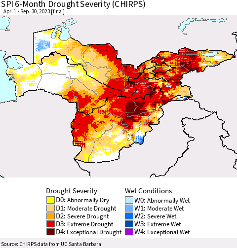 Central Asia SPI 6-Month Drought Severity (CHIRPS) Thematic Map For 4/1/2023 - 9/30/2023