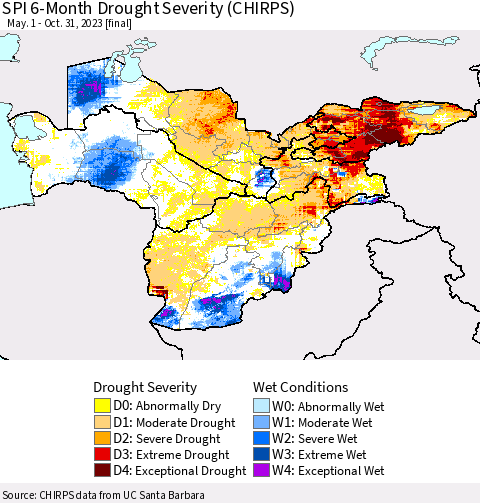 Central Asia SPI 6-Month Drought Severity (CHIRPS) Thematic Map For 5/1/2023 - 10/31/2023