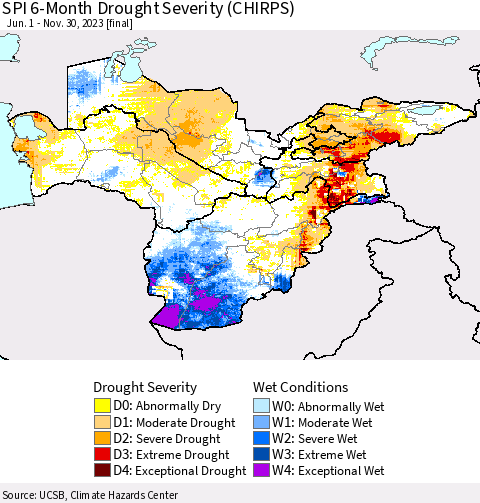 Central Asia SPI 6-Month Drought Severity (CHIRPS) Thematic Map For 6/1/2023 - 11/30/2023