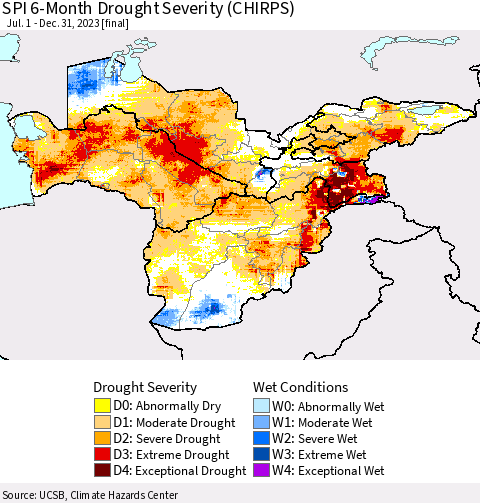 Central Asia SPI 6-Month Drought Severity (CHIRPS) Thematic Map For 7/1/2023 - 12/31/2023