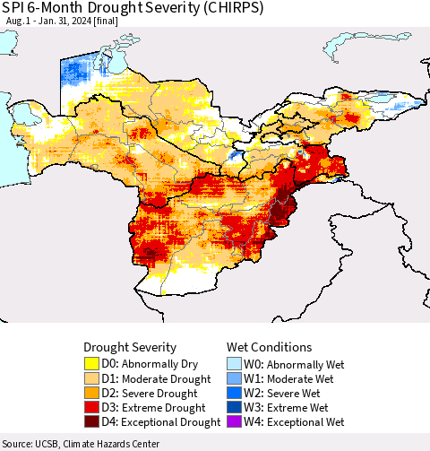 Central Asia SPI 6-Month Drought Severity (CHIRPS) Thematic Map For 8/1/2023 - 1/31/2024