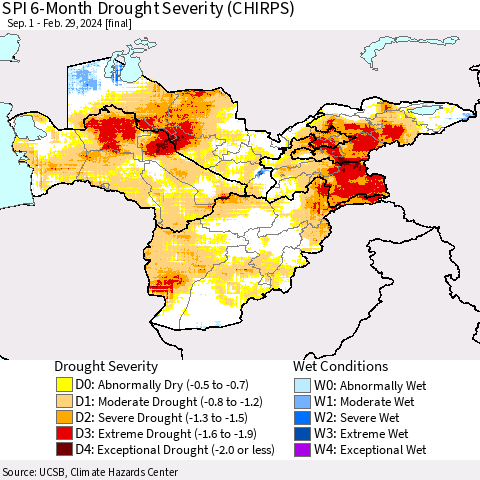 Central Asia SPI 6-Month Drought Severity (CHIRPS) Thematic Map For 9/1/2023 - 2/29/2024