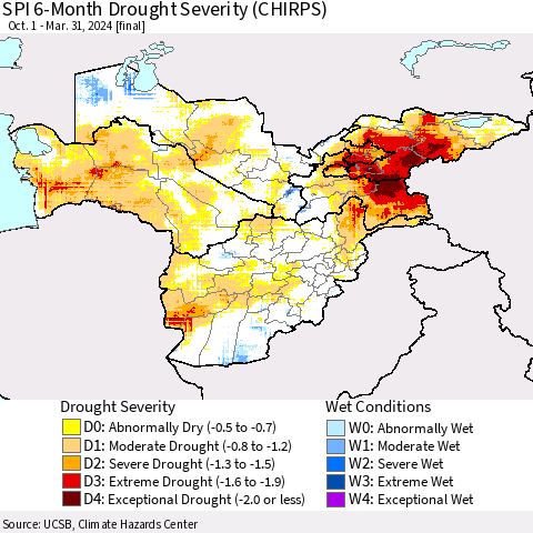 Central Asia SPI 6-Month Drought Severity (CHIRPS) Thematic Map For 10/1/2023 - 3/31/2024