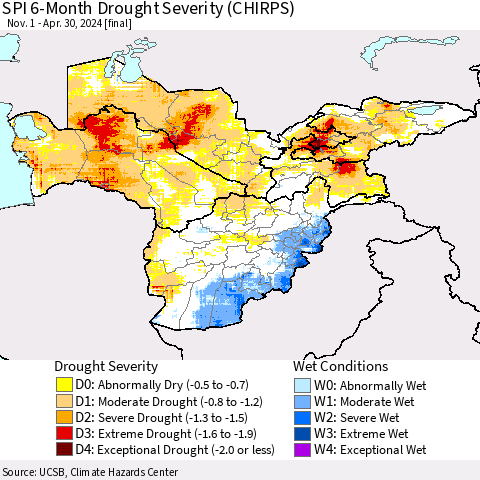 Central Asia SPI 6-Month Drought Severity (CHIRPS) Thematic Map For 11/1/2023 - 4/30/2024