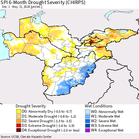 Central Asia SPI 6-Month Drought Severity (CHIRPS) Thematic Map For 12/1/2023 - 5/31/2024